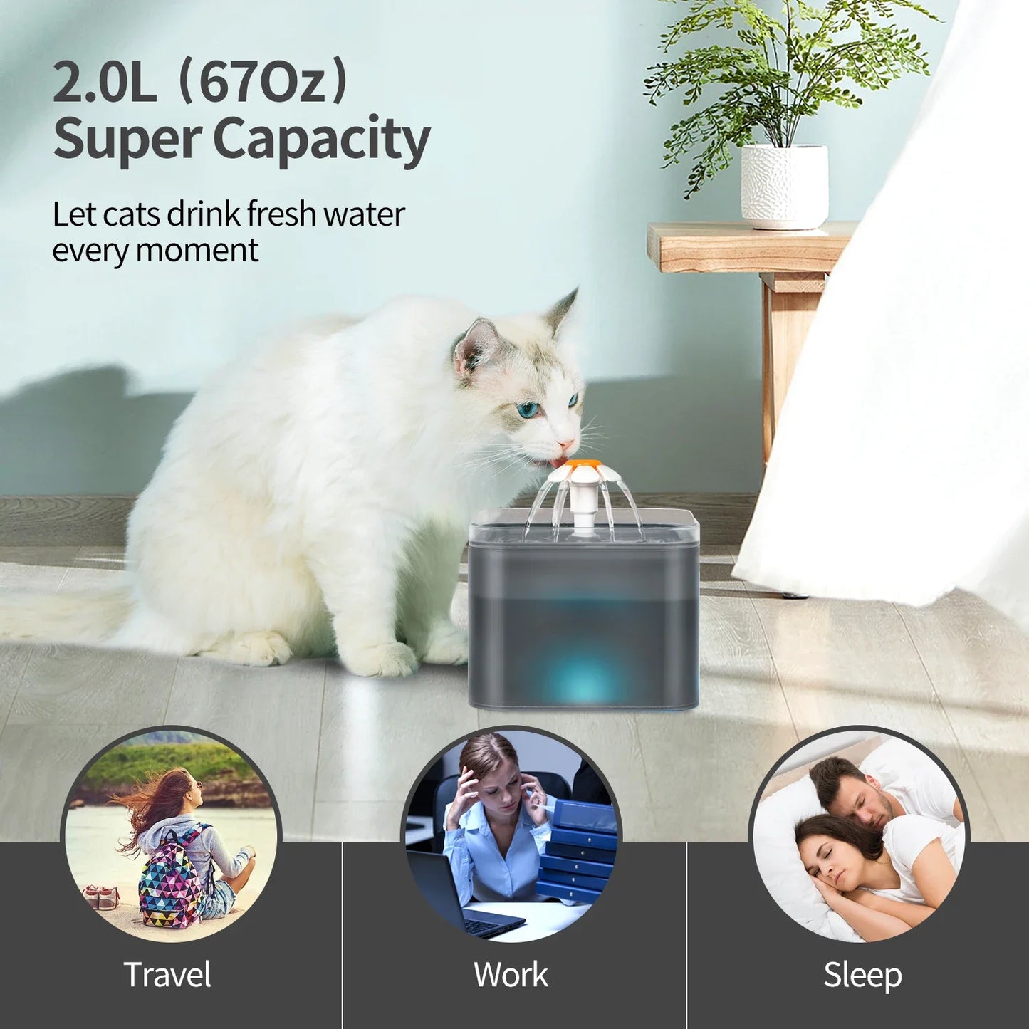 2/3L Cat Water Fountain Auto Recirculate Filter Large Capacity Filtring Cat Water Drinker USB Electric Mute Cats Water Dispenser