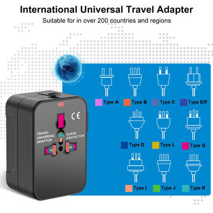 Universal Travel Adapter, International All-in-One Travel Plug Adapter 2.4A Type C 2.4A USB-A EU/UK/USA/AUS Plug for Travel