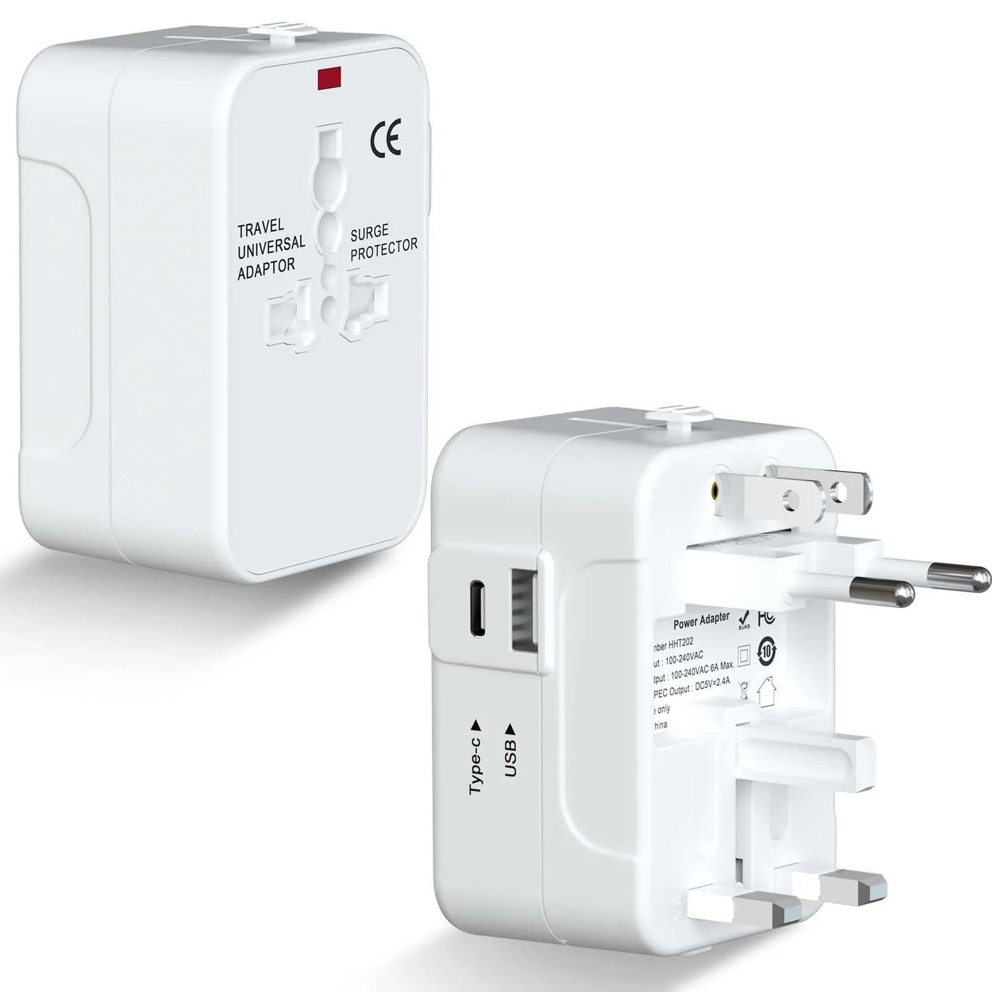 Universal Travel Adapter, International All-in-One Travel Plug Adapter 2.4A Type C 2.4A USB-A EU/UK/USA/AUS Plug for Travel