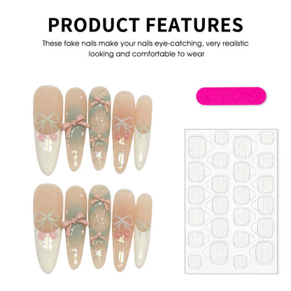 Gentle Nude Handmade Press On Nails With 3D Bowknot Decor Reusable Adhesive False Nails 10pcs Short Long Almond Shape Fake Nails