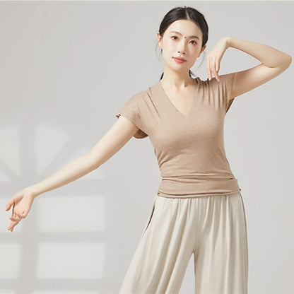Modern Dance Clothes Women  V-Neck Seamless Short Sleeve T-Shirt Elegant Stage Costume Basic Training Tops Casual Summer Blouse