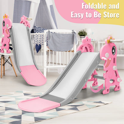 3 in 1Toddlers Slide Board Indoor Children Slide Kids Slide Dinosaur Shape Non Slip Stairs with Basketball Hoop Climber
