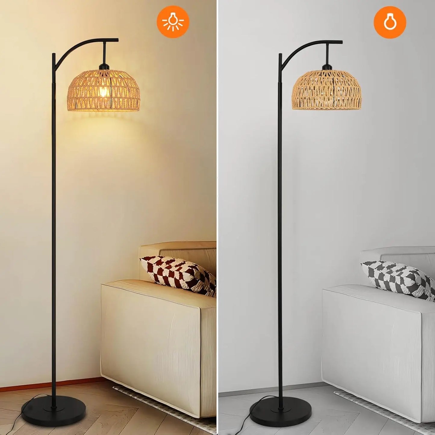 Floor Lamp Living Room,E27 Industrial Metal Floor Lamp,Black Floor Lamp,Rattan Weave Floor Lamp for Bedroom(Without Bulb)