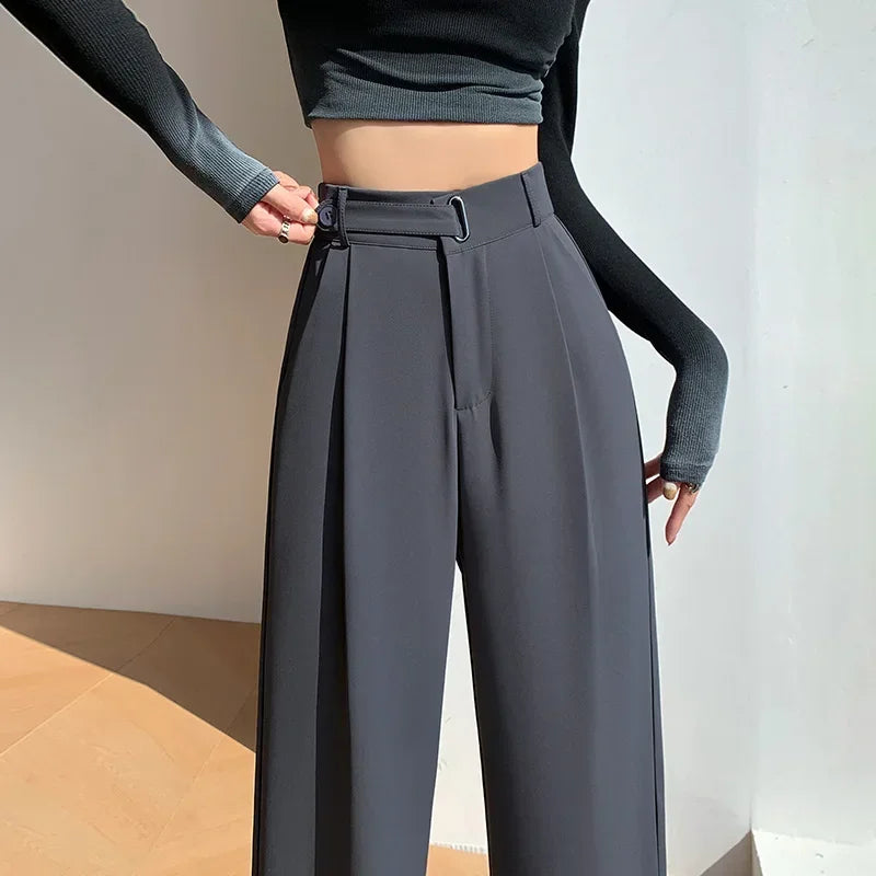 Office Ladies Casual Suit Wide Leg Pants Women Elegant 2025 Spring Summer Fashion Solid Color High Waist Loose Outwear Trousers