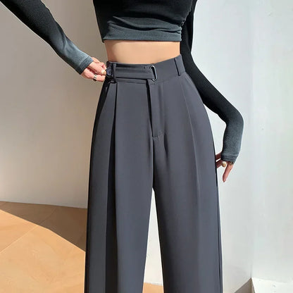 Office Ladies Casual Suit Wide Leg Pants Women Elegant 2025 Spring Summer Fashion Solid Color High Waist Loose Outwear Trousers