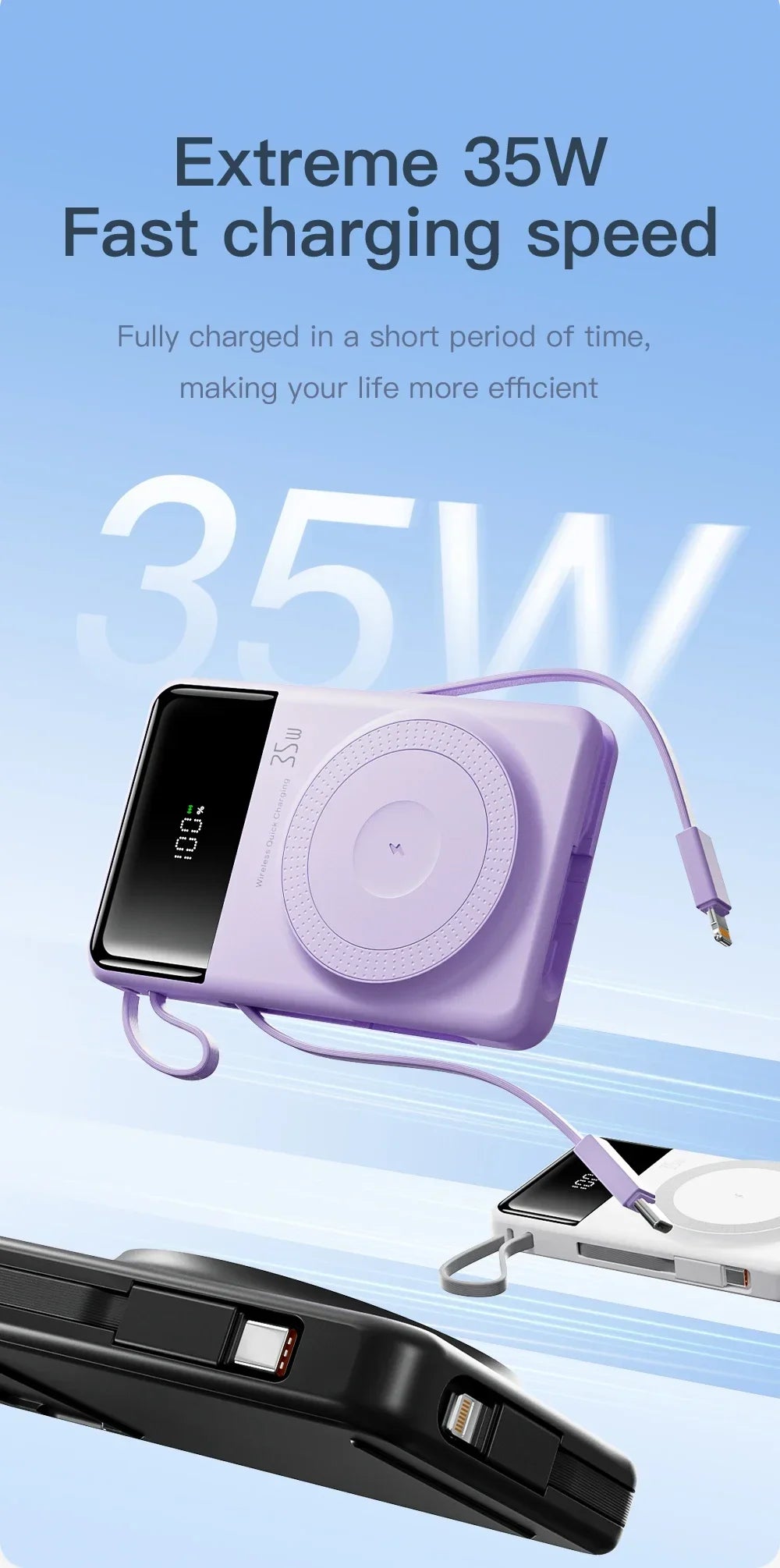 New Portable Built in Cables Magnetic Wireless Power Bank PD35W Fast Charging 20000mAh Large Capacity Powerbank for iPhone 16 15