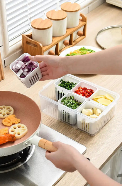 Six Grid Refrigerator Crisper Storage Containers Fridge Fresh Vegetable Fruit Boxes Drain Basket Kitchen Organizer Tools