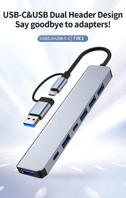 USB C Hub USB Hub 3.0, Aluminum 7 in 1 USB Extender, USB Splitter with USB 3.0, 4 X USB 2.0 and 2 USB C Ports USB Distributor