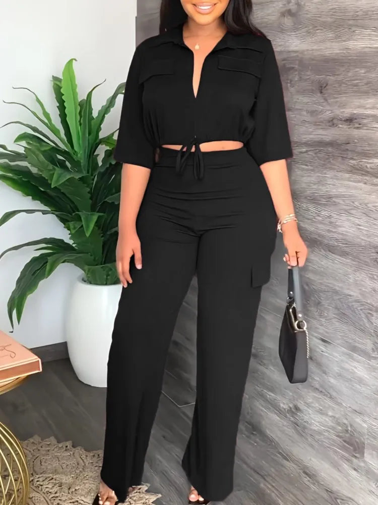 Elegant Office Women Two Piece Sets Autumn V Turn-down Neck Half Sleeve Drawstring Lace Up Short Shirt + Wide Leg Trousers Set