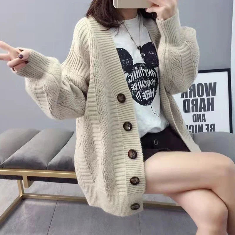 Oversized Knit Sweater Coat Women Autumn Winter Long Sleeve Twisted Sweaters Cardigan Woman Wild Solid Color Cardigans Ladies