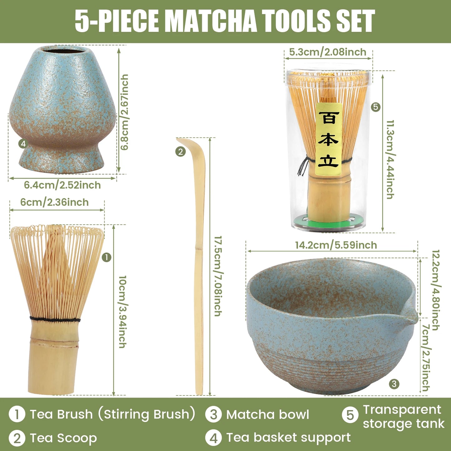 5PCS Japanese Matcha Tea Set Includes Matcha Bowl w Spout Matcha Whisk Holder Matcha Whisk Tea Scoop Tea-making Tools Accessorie