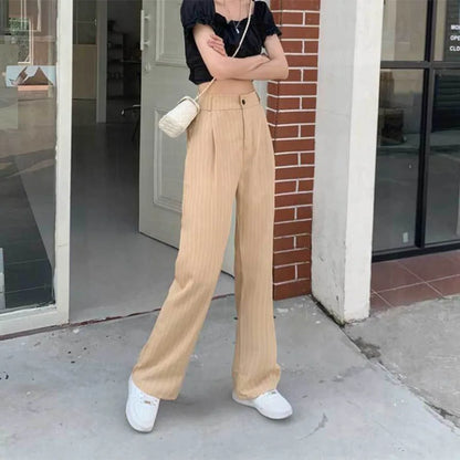 Women's Formal Office Wear Suit Pants Vintage High Waist Baggy Striped Pants Woman Korean All-Match Straight Trousers Female