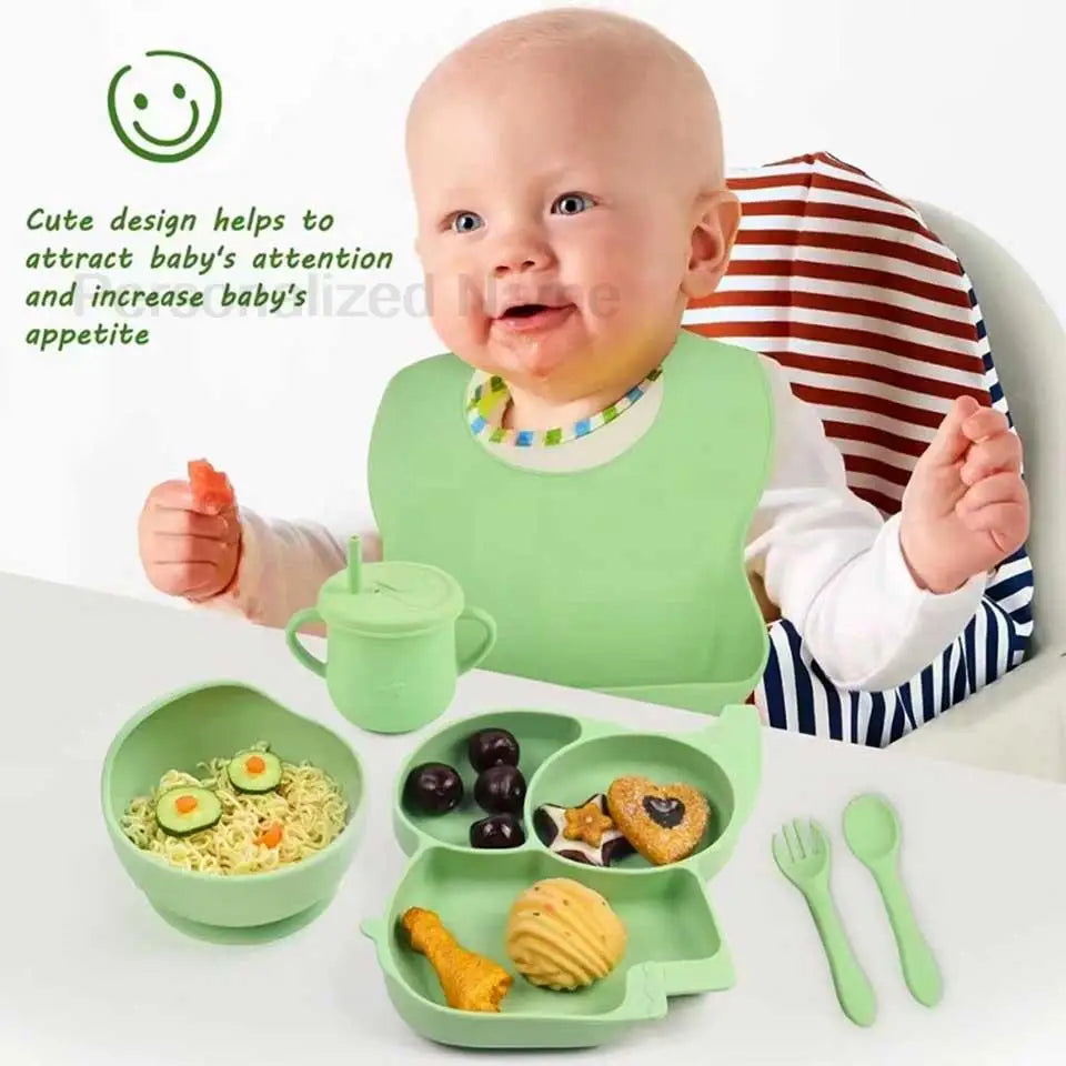 Silicone Baby Feeding Set Soft Silicone Sucker Plate Bowl Elephant Plate Personalized Name Feeding Bib Apron Children's Dishes