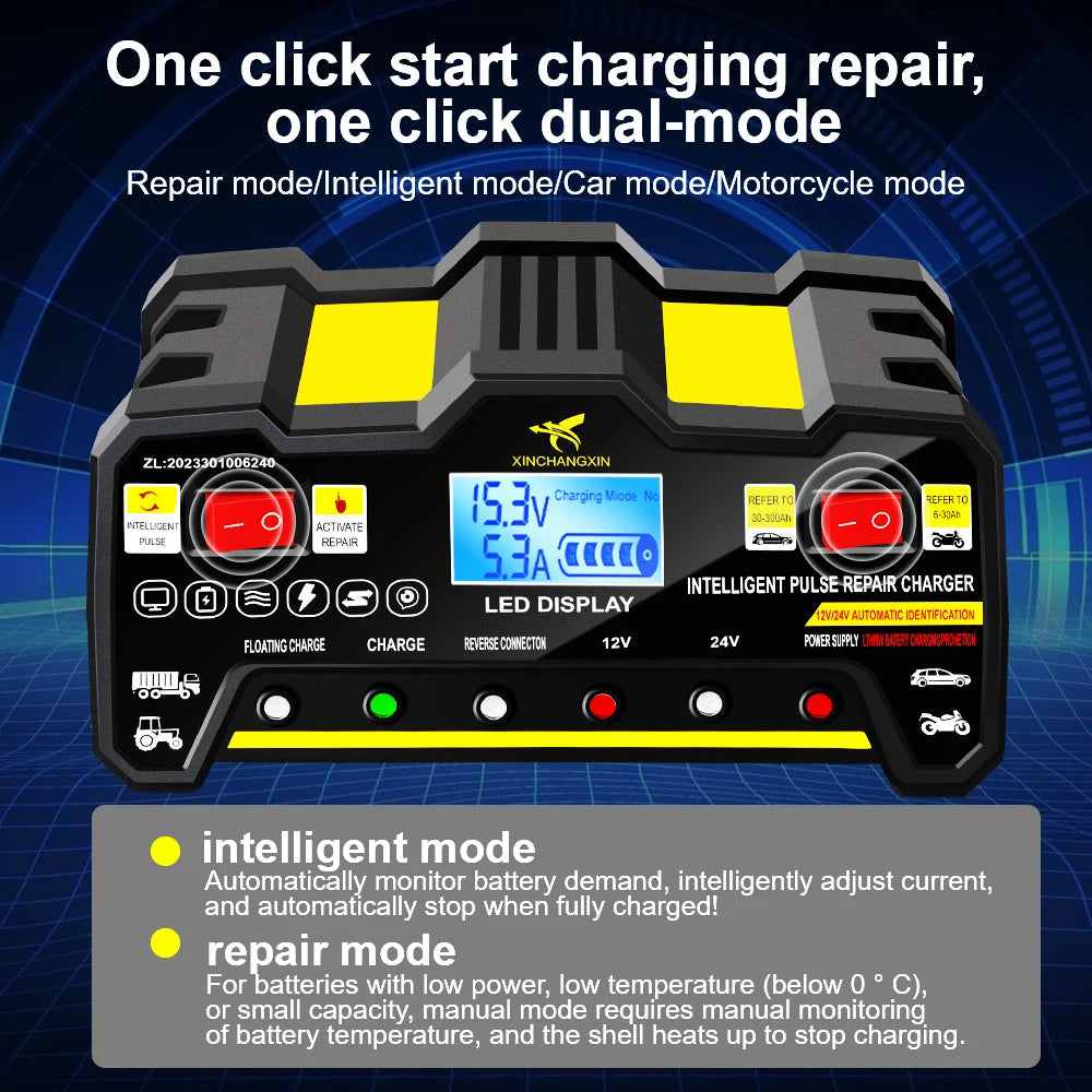 600W Car Battery Chargers 12V 12A / 24V 9A Output Quick Charging Intelligent Automatic Pulse Repair Home Storage Battery Charger
