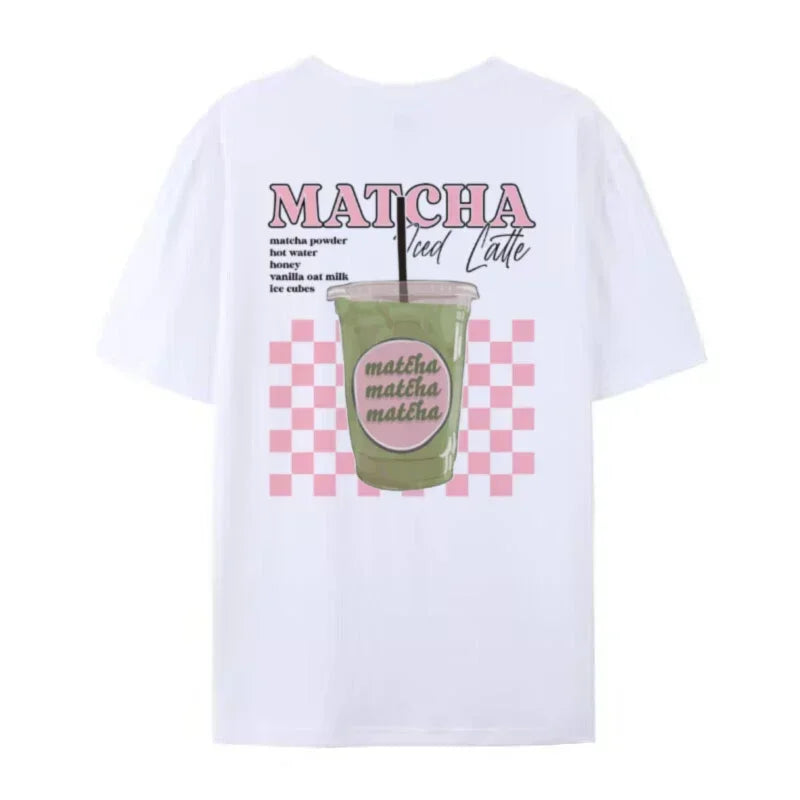 Matcha Latte Back Print T-Shirt Women Fashion Clothing Cute Matcha Lover T Shirt Y2k Aesthetic Egirl Loose Retro Streetwear Tops