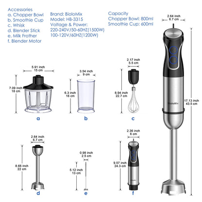BioloMix 5 in 1 Immersion Hand Blender,1500W Blender with 304 Stainless Steel Blade,Food Processor,Smoothies Puree Baby Food