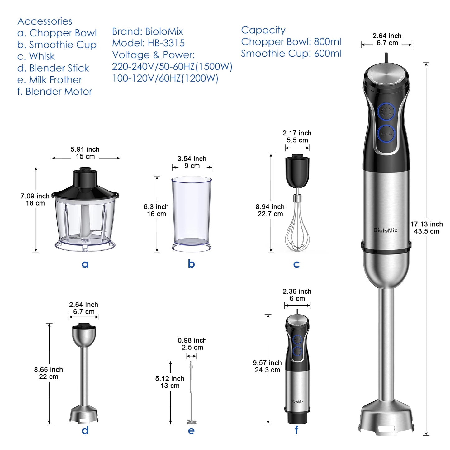 BioloMix 5 in 1 Immersion Hand Blender,1500W Blender with 304 Stainless Steel Blade,Food Processor,Smoothies Puree Baby Food