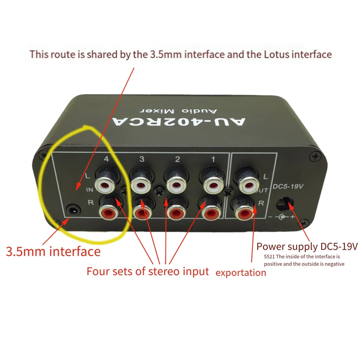 AU-402RCA Stereo Audio Mixer Multi-Channel Audio Source Reverberator Volume Control 3.5mm Headphone Driver 4 Input
