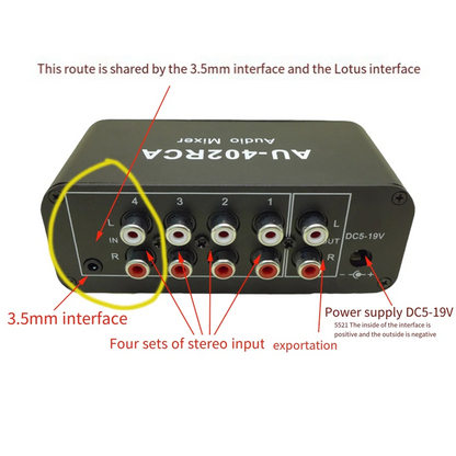 AU-402RCA Stereo Audio Mixer Multi-Channel Audio Source Reverberator Volume Control 3.5mm Headphone Driver 4 Input