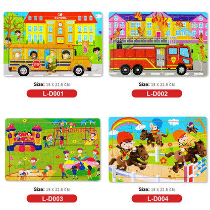 New 30 Pieces Wooden Puzzles Cartoon Animal Traffic Tangram Wood 3d Puzzle Montessori Educational Toys for Children Gifts