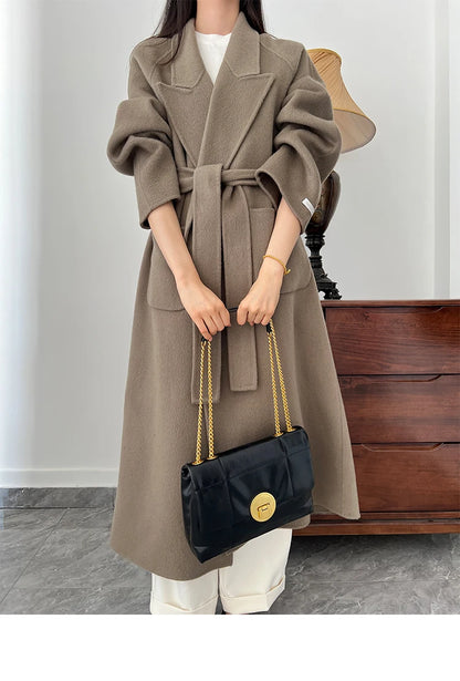 Office Lady Woolen Jackets 2024 Autumn And Winter Bathrobe Style Pocket Double-Sided Loose Lace -Up Tie Women's Long Wool Coats