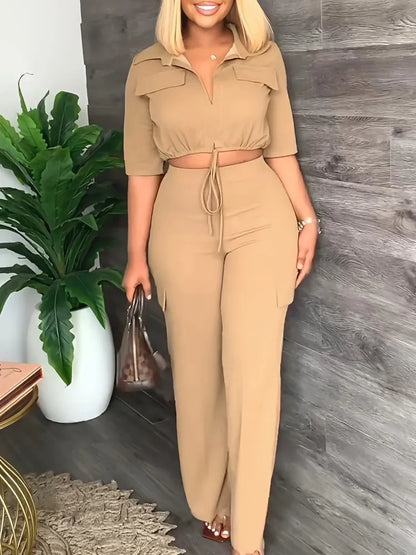 Elegant Office Women Two Piece Sets Autumn V Turn-down Neck Half Sleeve Drawstring Lace Up Short Shirt + Wide Leg Trousers Set