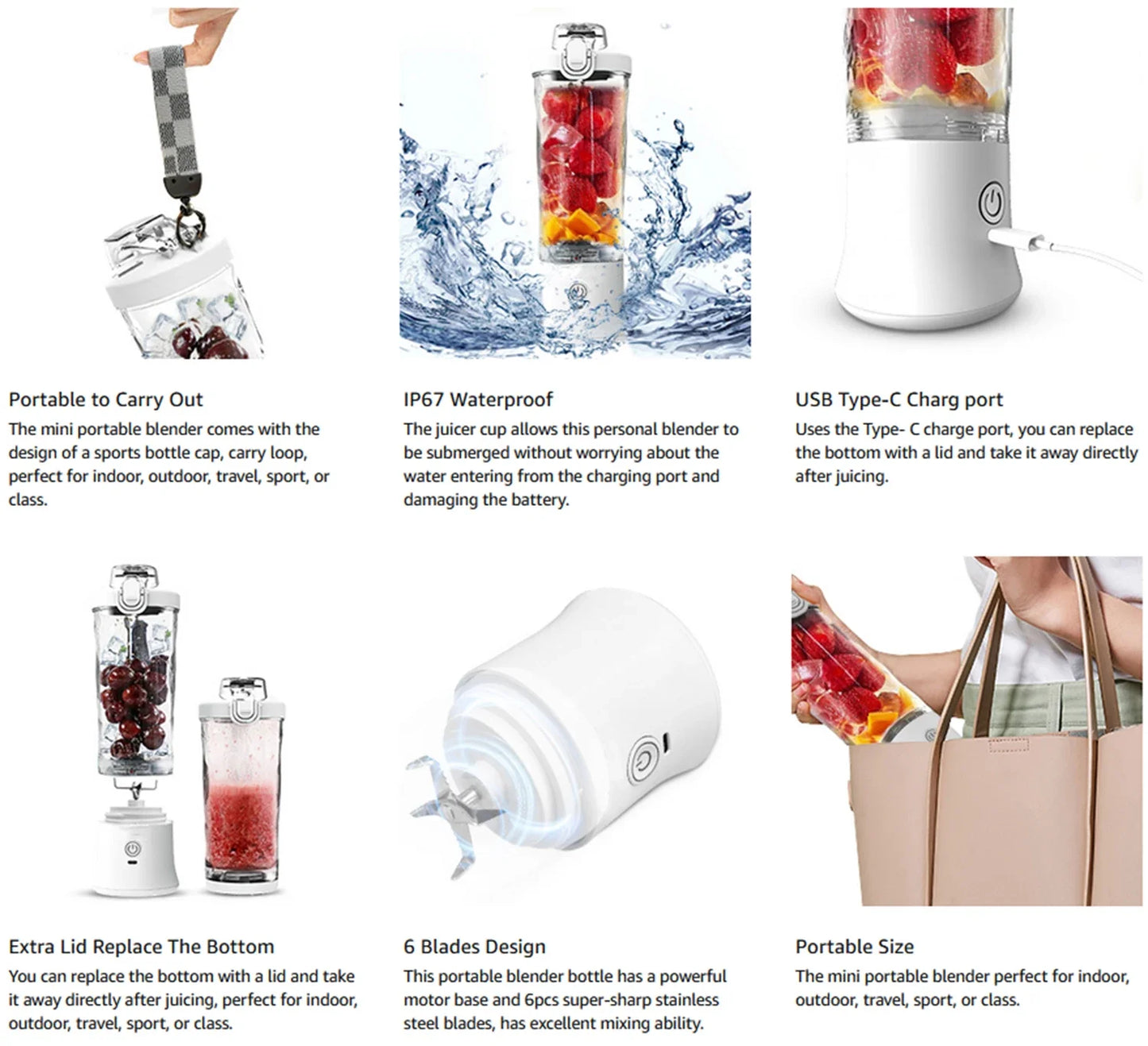 Portable Blender 600ML Electric Juicer Fruit Mixers 4000mAh USB Rechargeable Smoothie Mini Blender Personal Juicer