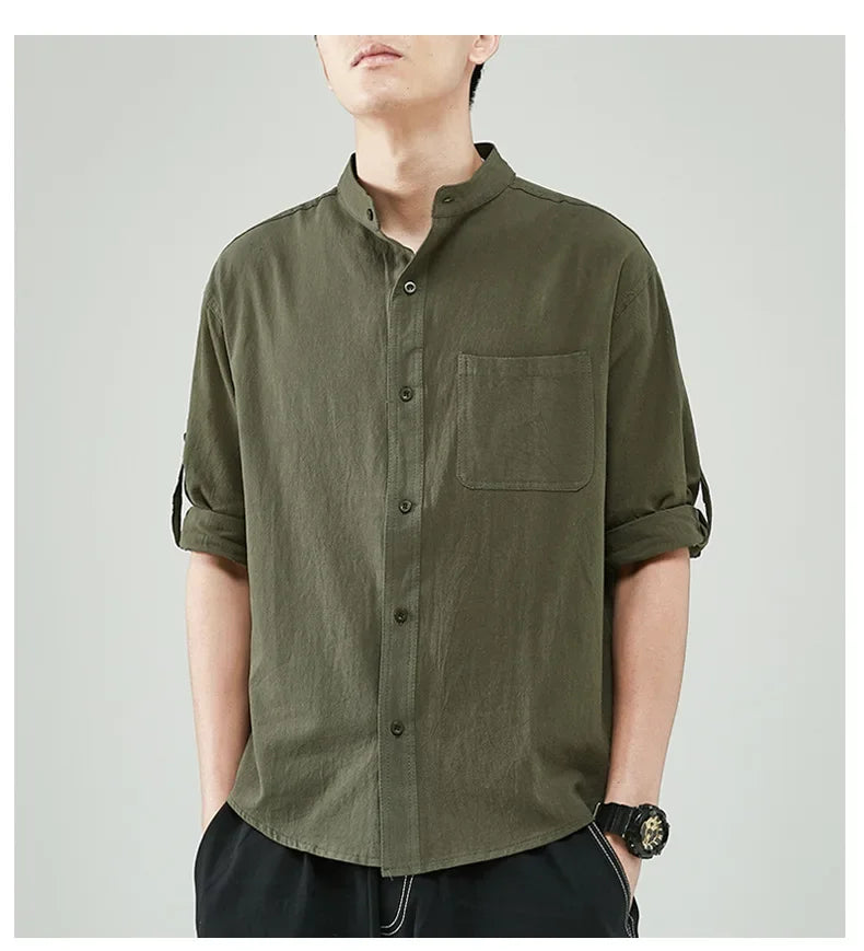 Line Shirt Men's Short-sleeved White Shirt Loose Chinese Style Summer Cotton Linen Casual Jacket Men's Quarter-sleeved Top