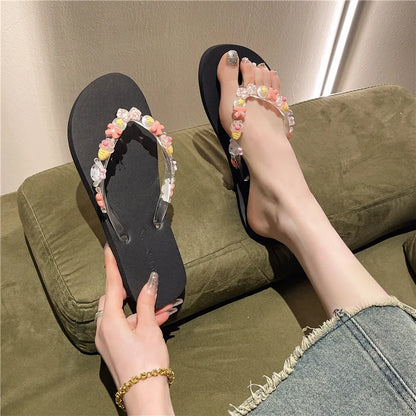 Flip-flops women's summer indoor beach shoes seaside wear eva cute bath transparent flowers non-slip