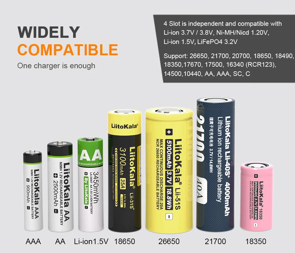 LiitoKala Lii-M4 Lii-CH4 18650 Charger LCD Display Universal Smart Charger Test Capacity 26650 18650 21700 AA AAA Battery 4slot