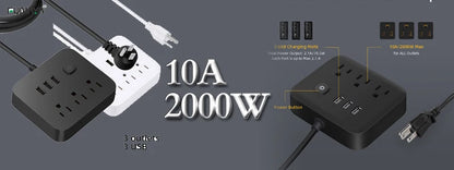 US Power Strip 6 AC Outlets 10A 110v 220v 3 USB Ports Sockets 1 TYPE-C Smart Patch Panel 2000w Black Power Surge Protection Plug