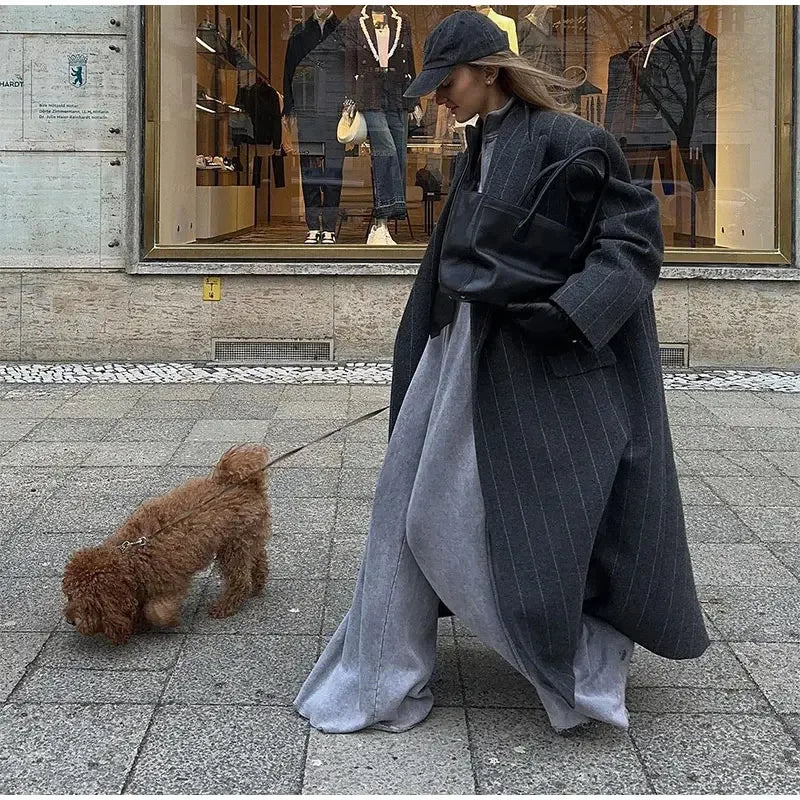 Retro Striped Lapel Woolen Long Coat Women Casual Loose Dark Grey Oversize Coats Female Winter Elegant Chic Outwear