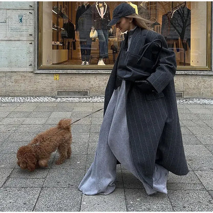 Retro Striped Lapel Woolen Long Coat Women Casual Loose Dark Grey Oversize Coats Female Winter Elegant Chic Outwear