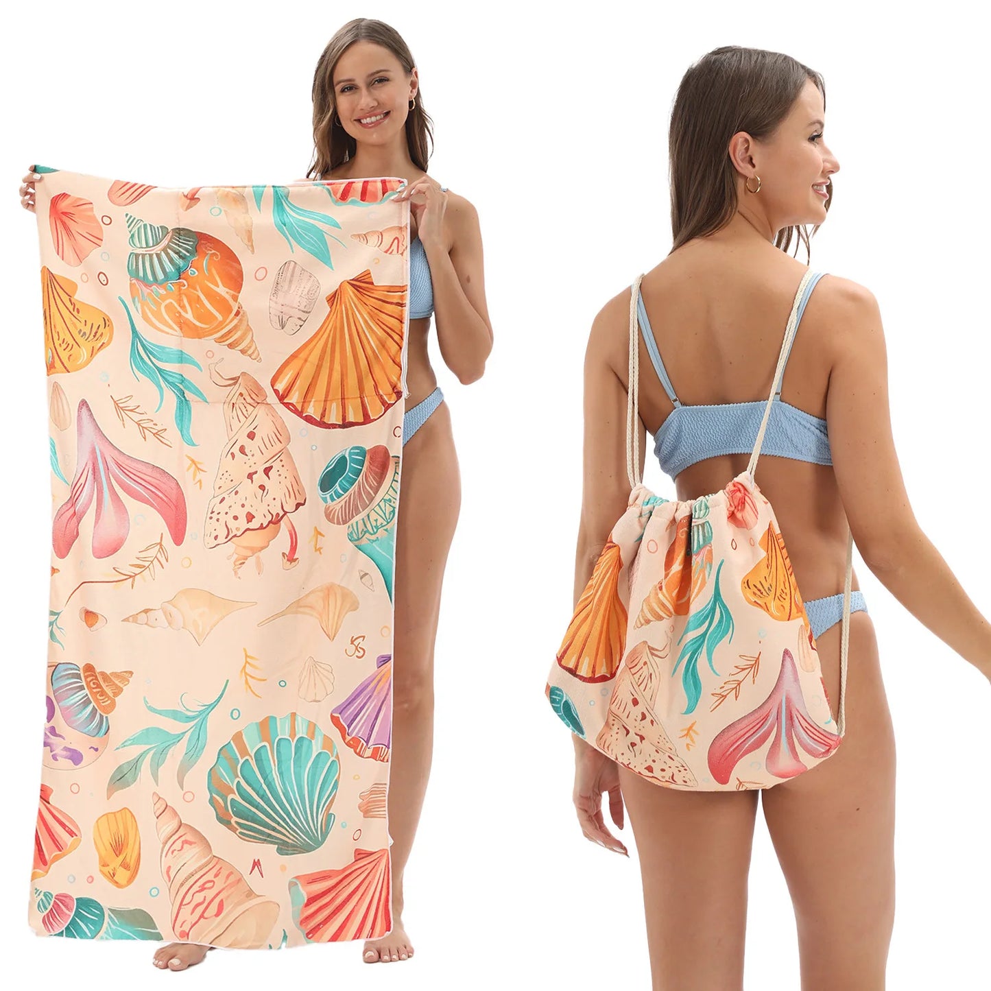 Fashion 2-in-1 Foldable Beach Towel with Integrated Bag Printed Bath Towel for Storage Portable Beach Accessory