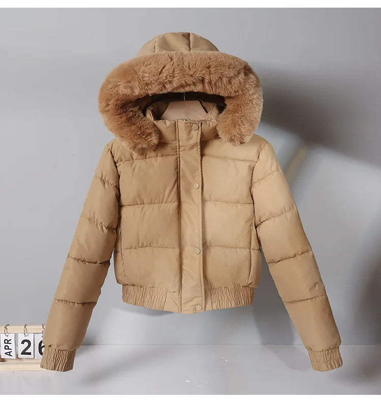 2024 Quilted Hooded Down Jacket Women's Winter Thick Cotton Coat Warm Bakery Coats Big Fur Collar Loose Cotton Coat