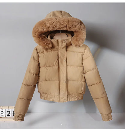 2024 Quilted Hooded Down Jacket Women's Winter Thick Cotton Coat Warm Bakery Coats Big Fur Collar Loose Cotton Coat