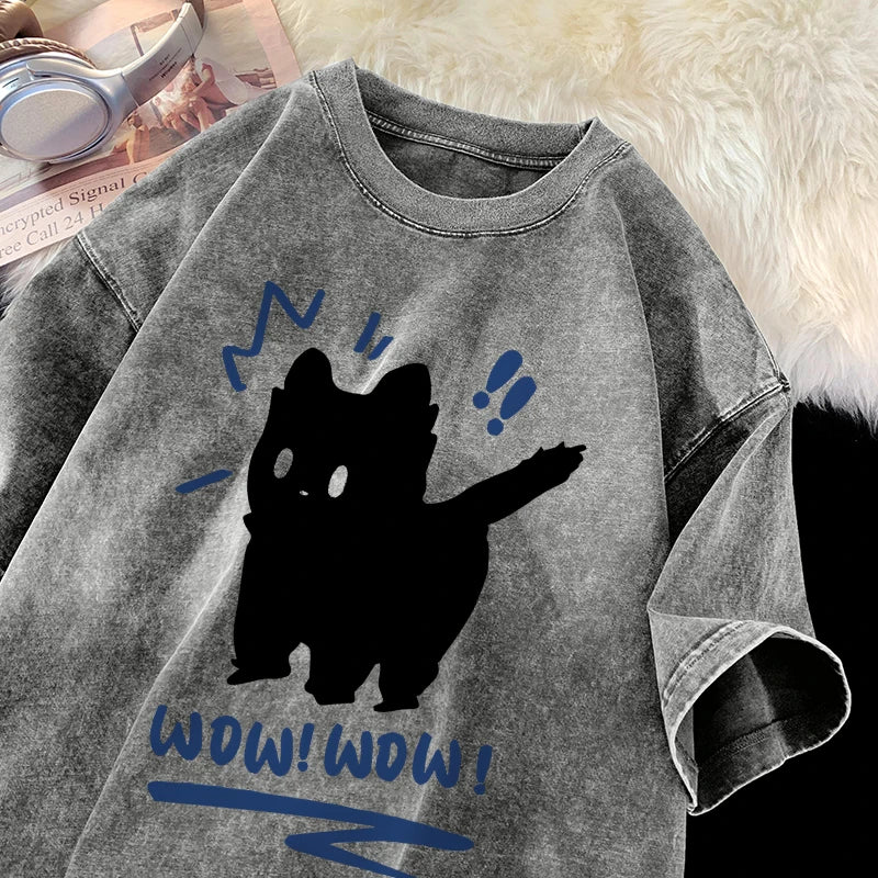 Vintage Water Washing T Shirts Wow Wow Fun Black Cat Tops Casual Hip Hop Short Sleeve Men Women Clothing Cotton Couple Tops