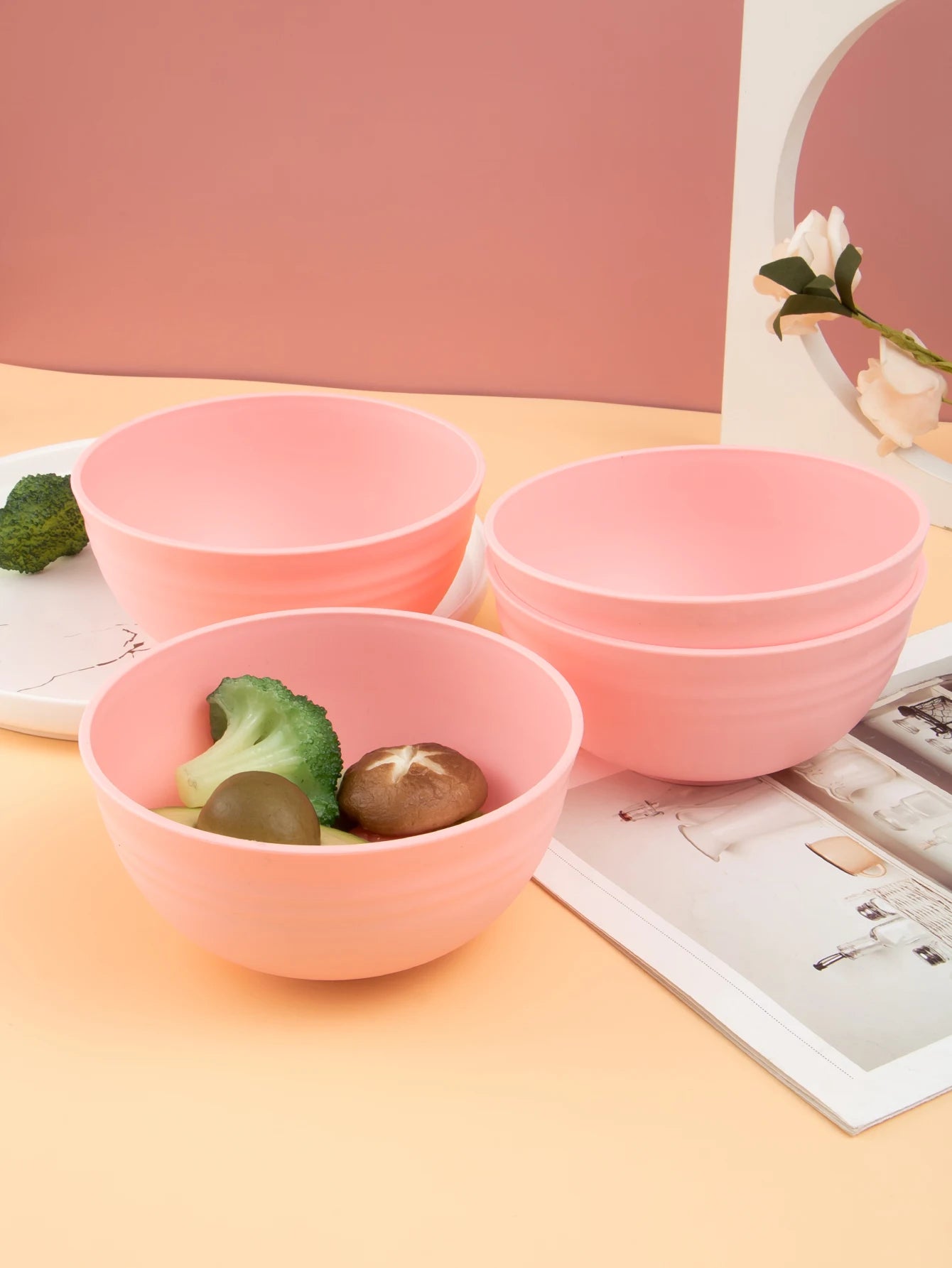 4/6/8pcs Pink cereal bowl Reusable household plastic dinner bowl can hold food dessert cereal outdoor camping bowl