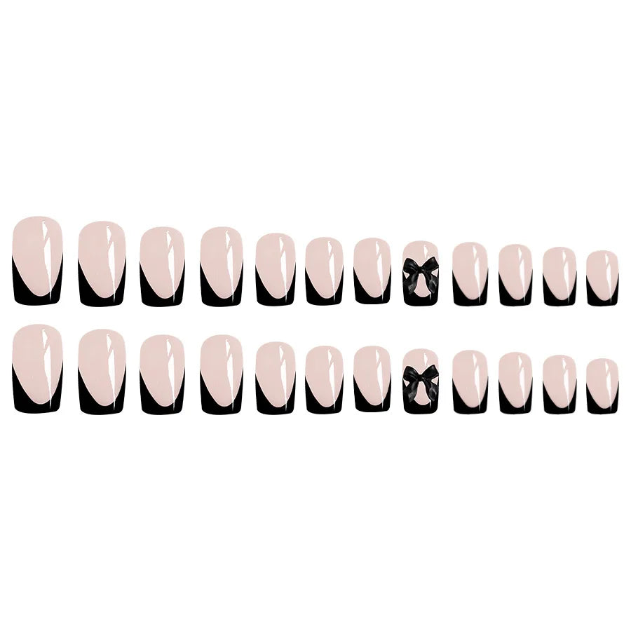 24pcs Press on Nails Short Almond Bowknot Black Press on Nails White Pearl Sweet French Tip Press on Nails Cute Nail Artificial
