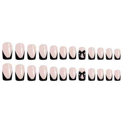 24pcs Press on Nails Short Almond Bowknot Black Press on Nails White Pearl Sweet French Tip Press on Nails Cute Nail Artificial