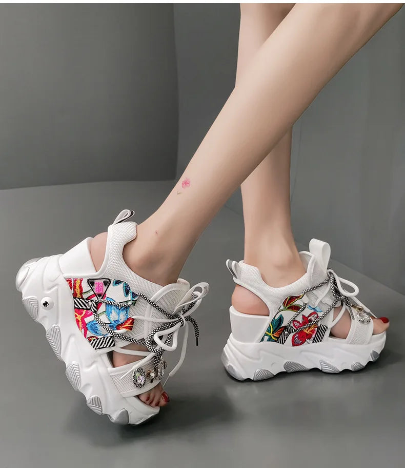 Comemore Leisure Lady Platform Chunky Sandals Mixed Color Shoes Sports Wedge White Sandals Women High Heel Beach Casual Shoes 39