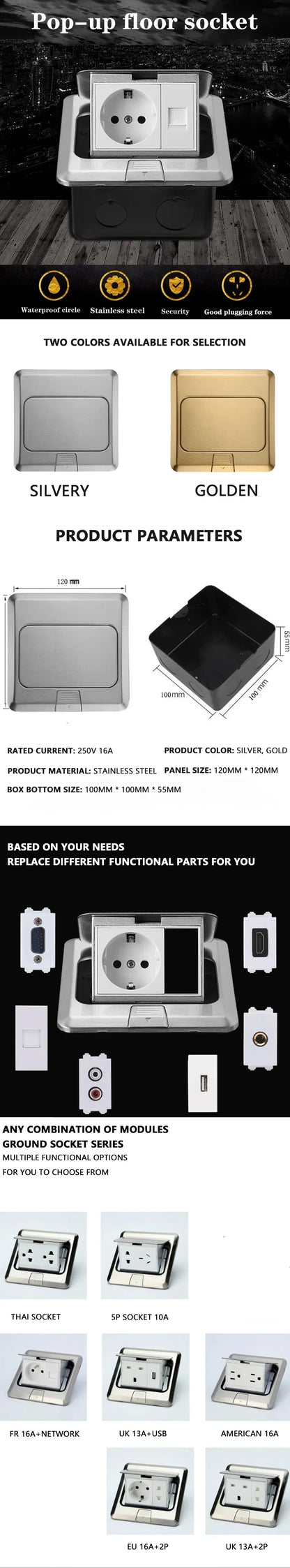 Pop Up Floor Socket Hidden Type EU/FR/US/UK/Universal Power Outlet Stainless Steel Electrical Switches For Home Office Table