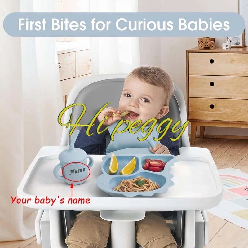 Baby Silicone Tableware Dinosaur Plate Dishes For Kids Personalized Name Baby Feeding Sets Fruit Feeder Baby Led Weaning Supplie
