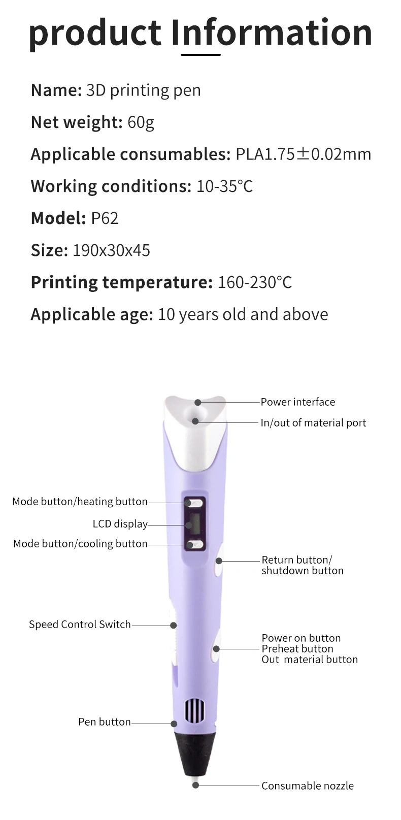 3D Pen For Children 3D Printing Drawing Pen DIY Funny Set for Kids Chidren Birthday Chrismas Creative Gift with PLA Filament