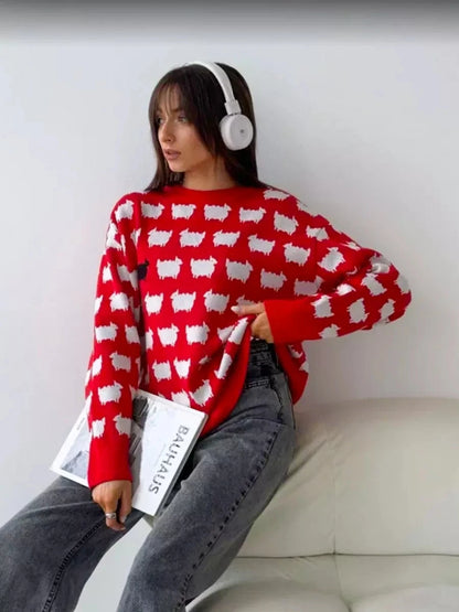 Women's Oversized Long Sweater, Cartoon Print, Loose, O Neck, Long Sleeve, Trendy Fashion, Winter