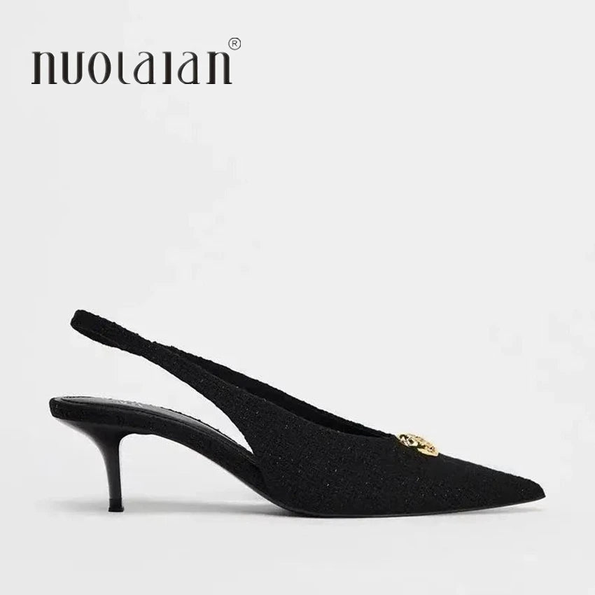 Fashion Women’s Black High Heels Sexy Pointed Shallow Mouth Pumps 2025 Spring Female Slingbacks Dress Office Shoes