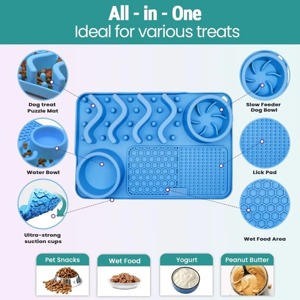 Slow Feeder Mat for Pets - Non-Toxic Silicone (Turquoise) Upgraded Anxiety and Boredom Relief Tool with Aluminum Bowl,17x11x2 in