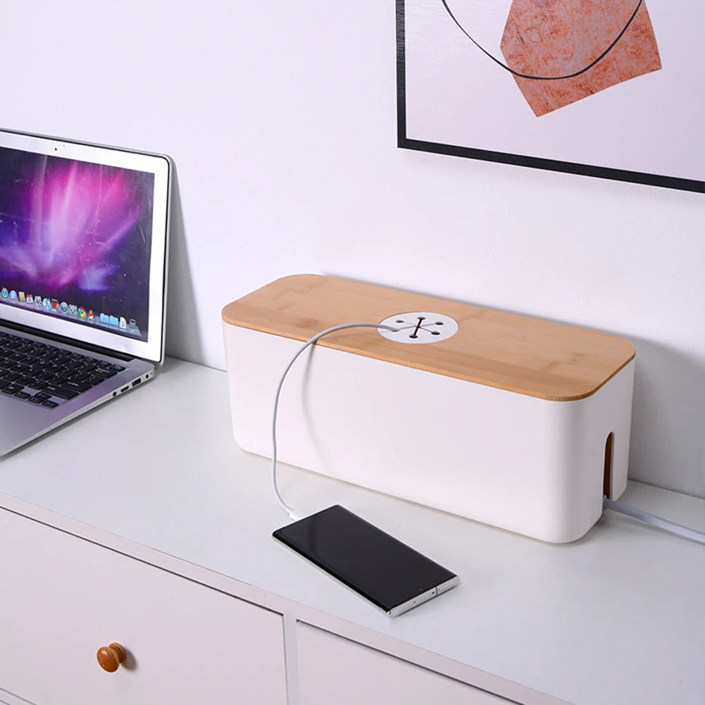 Socket Cable Organizer Box Wooden Style Cord Storage Case Dustproof Charging Data Cable Management Device for TV Wires/Computer