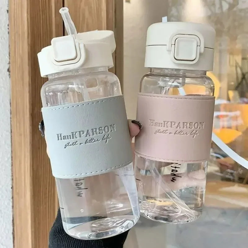 500Ml Portable Plastic Water Bottles with Straw Anti-scalding Leather Case Non-leaking Cute Bottle Outdoor Drinkware