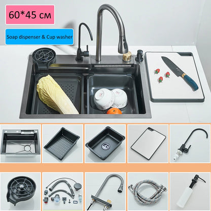 304 Stainless Steel Waterfall Kitchen Sink Large Single Slot Integrated Digital Display Faucet Set Soap Dispenser Cup Washer